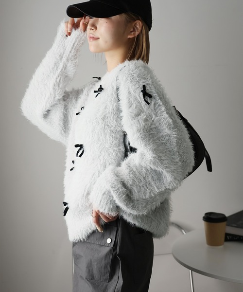 ニット セーター ベロアリボンフェザーニット レディース natural couture レディース ニット フェザーベロアリボンニット