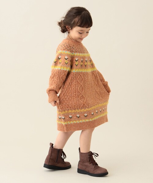 BEAMS mini(ビームスミニ)の「フラワー ノルディック ニットワンピース2024FW(90~150cm)(ワンピース・キッズ・オレンジ系その他4/ナチュラル・90/100/110/120/130/140/150)」の4枚目の写真