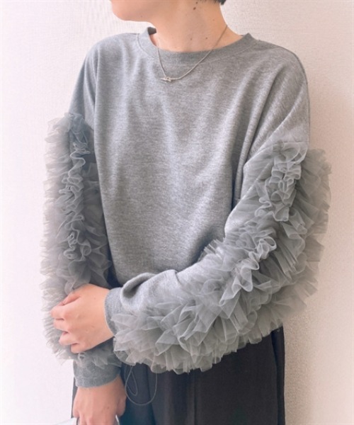 nissen（ニッセン）の「袖チュールショート丈トレーナー（スウェット・レディース・ブラック/オフホワイト/グレー・LL/L/M/S）」の10枚目の写真