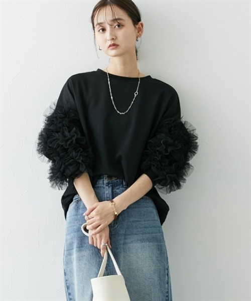 nissen（ニッセン）の「袖チュールショート丈トレーナー（スウェット・レディース・ブラック/オフホワイト/グレー・LL/L/M/S）」の17枚目の写真