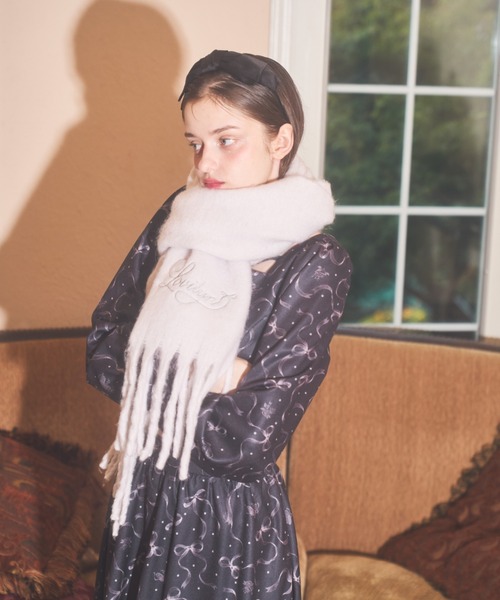 ピンク ロゴ刺繍 マフラー フリンジ付き セール】ロゴ刺繍大判マフラー