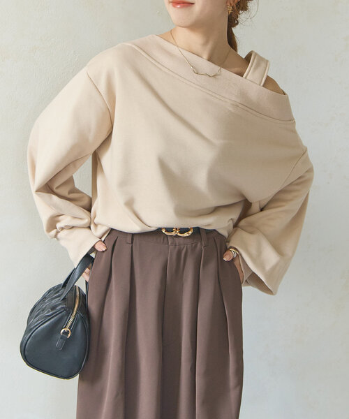 Thavon yuna企画　新品袖口ゴ刺繍3wayワンショルスウェット2着セット セール】袖ロゴ刺繍3WAYワンショルスウェット（Tシャツ