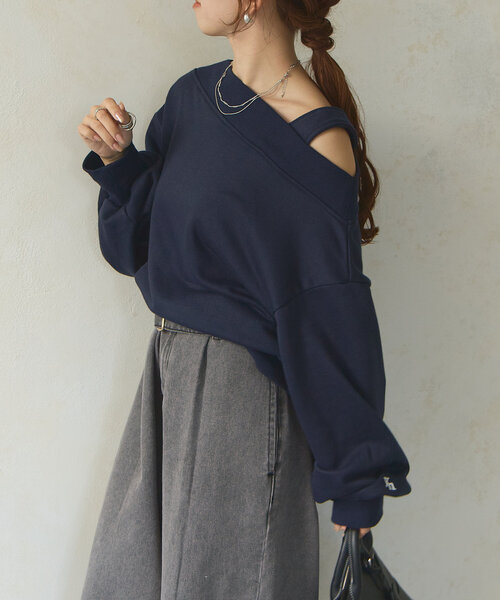 セール】袖ロゴ刺繍3WAYワンショルスウェット（Tシャツ/カットソー