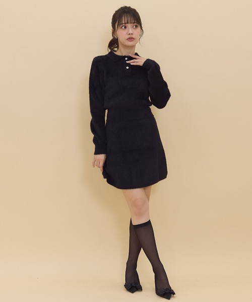 REDYAZEL(レディアゼル)の「【セットアップ可能】シャギーニットミニスカート(スカート・レディース・ブラック/オフホワイト/ブラック系その他・FREE)」の4枚目の写真