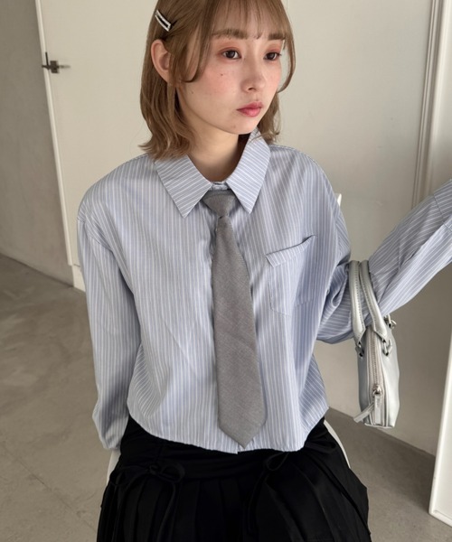 ◇シャツ◇【boohoo】ストライプポケットディテールシャツ / 2色 セール】デザインポケットショート丈ストライプシャツ（シャツ