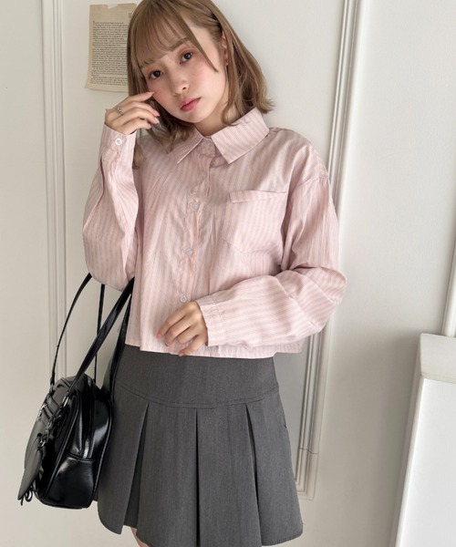Sheglit♡ストライプ ブラウン シャツ 半袖 セール】ストライプ半袖シャツ（シャツ/ブラウス）｜Girly Doll