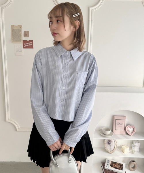 ◇シャツ◇【boohoo】ストライプポケットディテールシャツ / 2色 セール】デザインポケットショート丈ストライプシャツ（シャツ