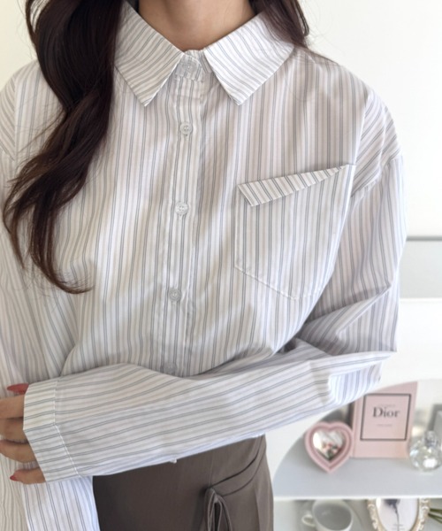 ◇シャツ◇【boohoo】ストライプポケットディテールシャツ / 2色 セール】ポケット付き ショート丈 ストライプシャツ（シャツ
