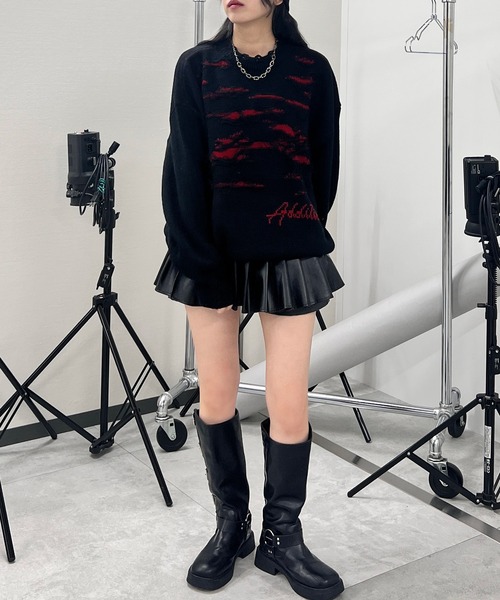 ブラック 厚底 ニットブーティ lus. 厚底ニットソックスブーツ / ストレッチブーツ（ニット