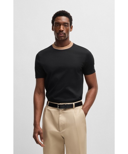 BOSS(ボス)の「シルケットコットン スリムフィットTシャツ ライン入りネック(Tシャツ/カットソー・メンズ・ダークブルー/ブラック/ライトピンク・S/XXL/XL/L/M/XXXL)」の1枚目の写真