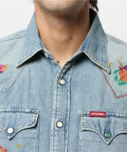 HYSTERIC GLAMOUR（ヒステリックグラマー）の「JUPITER刺繍USED加工 デニム長袖ウエスタンSH（シャツ/ブラウス・メンズ・インディゴブルー・MEDIUM/SMALL/LARGE）」の4枚目の写真