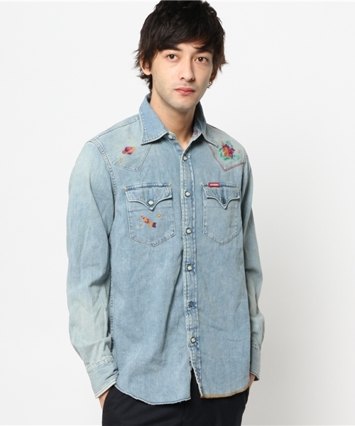 HYSTERIC GLAMOUR（ヒステリックグラマー）の「JUPITER刺繍USED加工 デニム長袖ウエスタンSH（シャツ/ブラウス・メンズ・インディゴブルー・MEDIUM/SMALL/LARGE）」の10枚目の写真