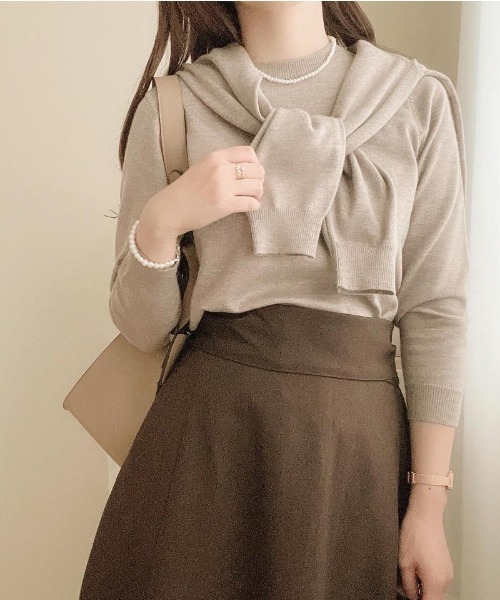 aquagarage（アクアガレージ）の「長袖ニットアンサンブル2点セット（カーディガン/ボレロ・レディース・イエロー/ベージュ/レンガ/グリーン/レッド/ライトグレー/グレイッシュベージュ/ライトピンク/ブラック/オフホワイト・L/M）」の5枚目の写真