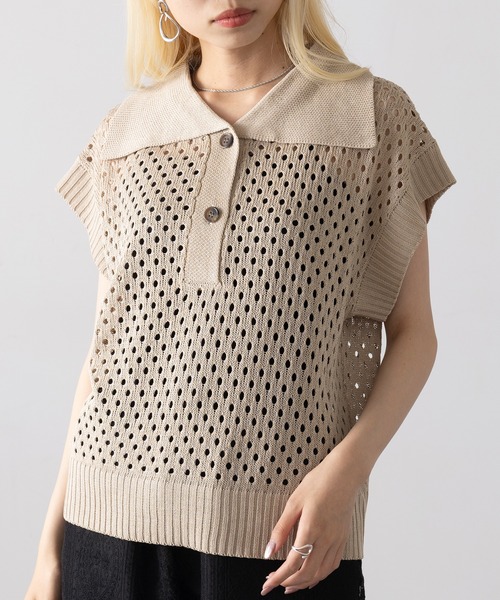 MAGASIN DE MODE Onjna(マガジンデモードオンジェナ )の「【MAGASIN DE MODE Onjna】フィッシュネットトップス XNN(Tシャツ/カットソー・レディース・ライトベージュ/ブラック・FREE)」の1枚目の写真