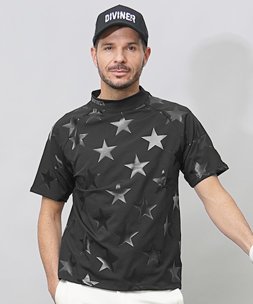 美品　fcrb 星柄薄手スウェットTシャツ ブラック　ゴルフ DIVINER GOLF（ディバイナー ゴルフ）の「【DIVINER GOLF】星総柄半袖