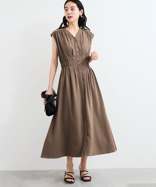 VIS（ビス）の「【接触冷感/洗える】ウエストギャザーワンピース（ワンピース・レディース・ブラック/ブルー系その他4/キャメル・FREE）」の3枚目の写真