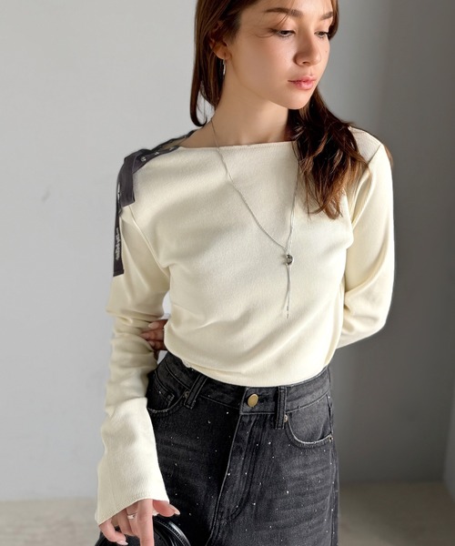 mily bilet(ミウィビレット)の「【mily bilet】甘さを添える大人の肌見せ。肩リボン使いスナップ2WAYワンオフショルカットソー(長袖)(Tシャツ/カットソー・レディース・杢グレー/ブラック/アイボリー/レッド・LARGE/MEDIUM/SMALL/X-LARGE)」の7枚目の写真