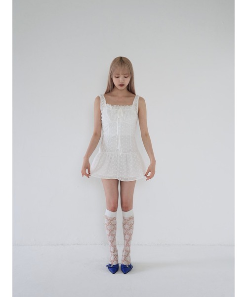 【関税込み】Blumarine ベージュ スカラップ ミニワンピース セール】袖ボリューム スクエアネック ミニワンピース