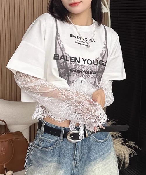 レース付きTシャツ レースプリント×ストライプTシャツ』