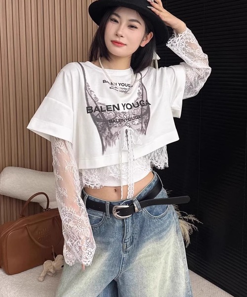 セール】レーススリーブレイヤード風プリントTシャツ（Tシャツ