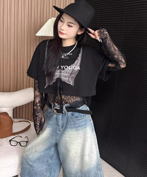 tシャツ レーストリム ジャージー フラッタースリーブ Tシャツ レディース レーストリム ジャージー フラッタースリーブ Tシャツ
