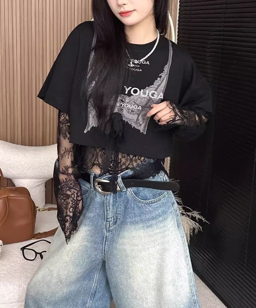 GEMEDA(ジェメダ)の「レーススリーブレイヤード風プリントTシャツ(Tシャツ/カットソー・レディース・ホワイト/ブラック・M)」の3枚目の写真