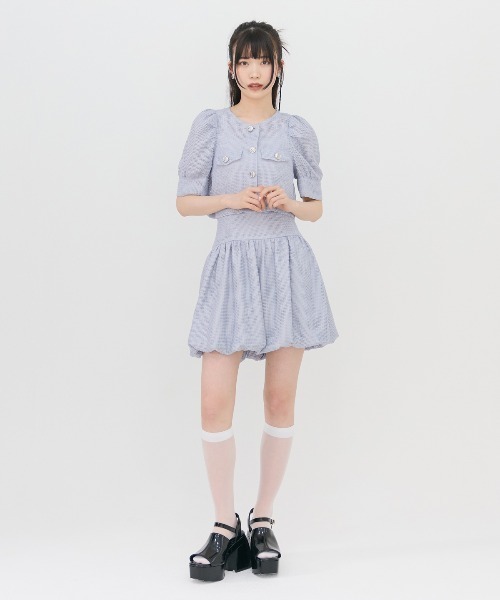 REDYAZEL（レディアゼル）の「メッシュレースショートシャツ×バルーンスカートセットアップ（セットアップ・レディース・ブラック/オフホワイト/ブルー・FREE）」の6枚目の写真