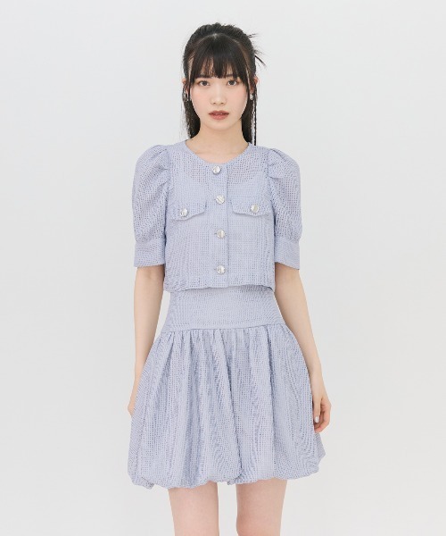REDYAZEL（レディアゼル）の「メッシュレースショートシャツ×バルーンスカートセットアップ（セットアップ・レディース・ブラック/オフホワイト/ブルー・FREE）」の7枚目の写真