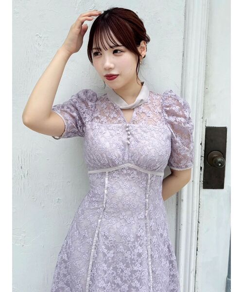 セール】ネックツイスト刺繍レースドレス（ドレス）｜dazzlin