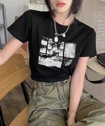 プリントTシャツ 半袖 ショート丈 フォトプリント 韓国 y2k クロップド丈 モノクロプリント Tシャツ
