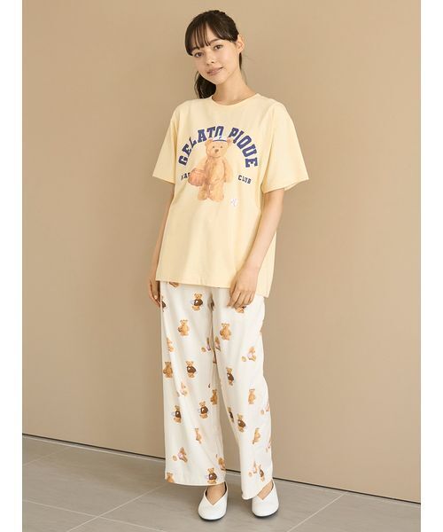 ジェラートピケ　くま　Tシャツ　ロングパンツ　ルームウエア セール】【ONLINE限定】【接触冷感】ベアワンポイントTシャツ&ロング