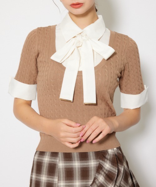 rienda（リエンダ）の「シャツドッキングハーフスリーブニットトップス 秋服 半袖（ニット/セーター・レディース・ブラウン/ライトグレー/ブラック・FREE）」の3枚目の写真