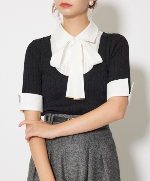 rienda（リエンダ）の「シャツドッキングハーフスリーブニットトップス 秋服 半袖（ニット/セーター・レディース・ブラウン/ライトグレー/ブラック・FREE）」の2枚目の写真