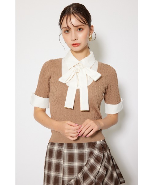 rienda（リエンダ）の「シャツドッキングハーフスリーブニットトップス 秋服 半袖（ニット/セーター・レディース・ブラウン/ライトグレー/ブラック・FREE）」の4枚目の写真
