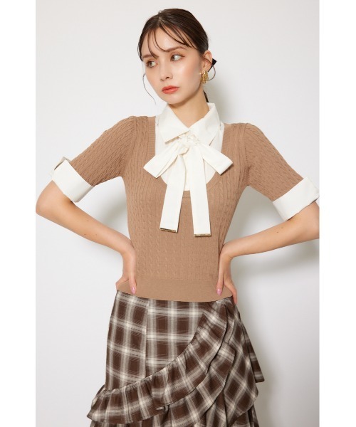 rienda（リエンダ）の「シャツドッキングハーフスリーブニットトップス 秋服 半袖（ニット/セーター・レディース・ブラウン/ライトグレー/ブラック・FREE）」の5枚目の写真