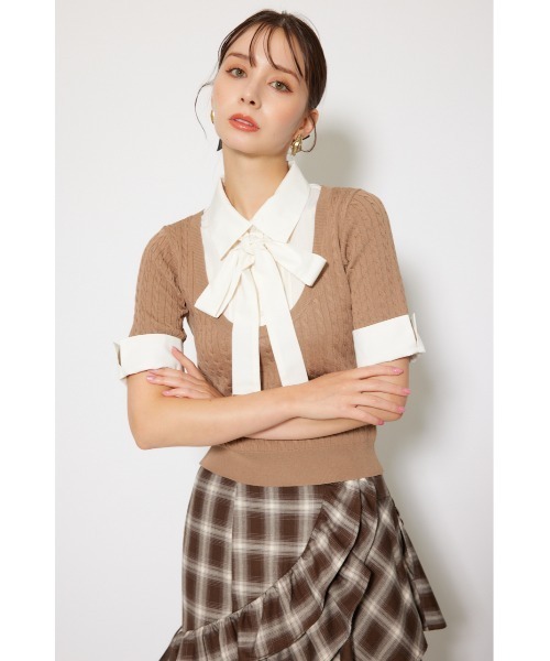 rienda（リエンダ）の「シャツドッキングハーフスリーブニットトップス 秋服 半袖（ニット/セーター・レディース・ブラウン/ライトグレー/ブラック・FREE）」の6枚目の写真