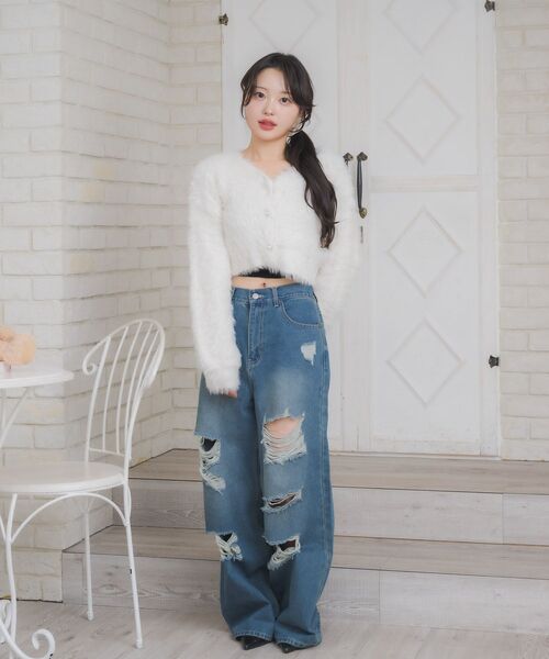 ems excite（エムズエキサイト）の「キラキラシャギーカーデ（カーディガン/ボレロ・レディース・チャコールグレー/オフホワイト/ピンク/グリーン・FREE）」の5枚目の写真