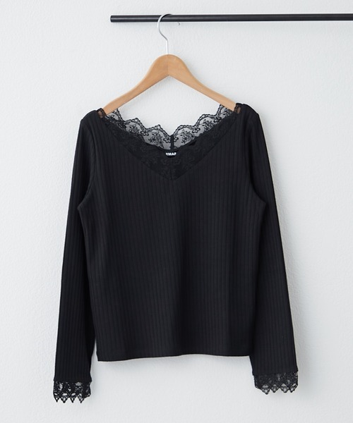 Remind me and forever(リマインドミーアンドフォーエバー)の「テレコVレース長袖プルオーバー(Tシャツ/カットソー・レディース・アイボリー/ブラック/グレイッシュベージュ・FREE)」の1枚目の写真
