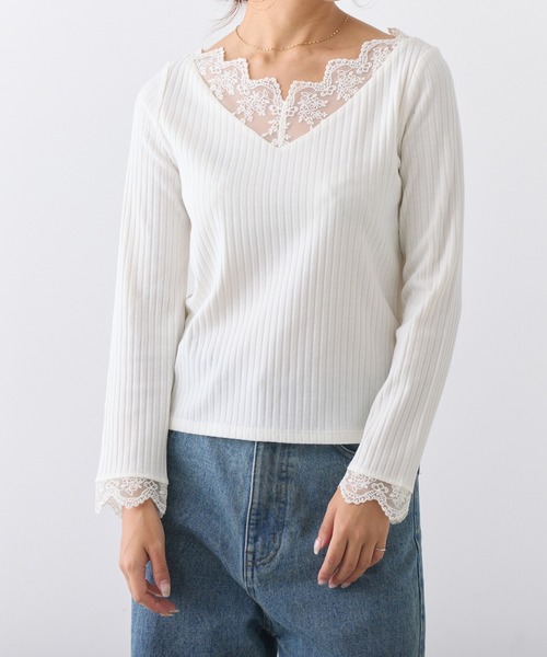 Remind me and forever(リマインドミーアンドフォーエバー)の「テレコVレース長袖プルオーバー(Tシャツ/カットソー・レディース・アイボリー/ブラック/グレイッシュベージュ・FREE)」の13枚目の写真