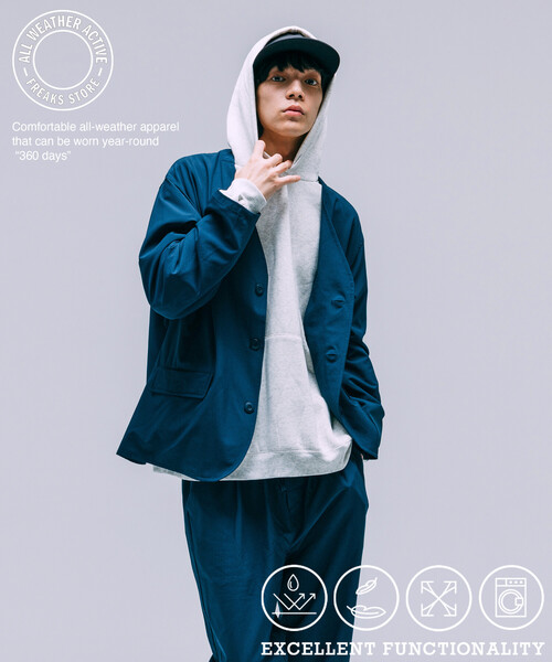 FREAK'S STORE（フリークスストア）の「限定展開 ALL WEATHER ACTIVE WEAR/オールウェザーアクティブウェア リラックスフィット ノーカラージャケットセットアップ/ワイドパンツ（ノーカラージャケット・メンズ・チャコールグレー/ブラック/ネイビー/グレイッシュベージュ・SMALL/MEDIUM/LARGE）」の4枚目の写真