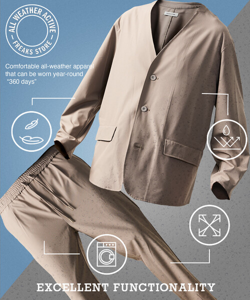 FREAK'S STORE（フリークスストア）の「限定展開 ALL WEATHER ACTIVE WEAR/オールウェザーアクティブウェア リラックスフィット ノーカラージャケットセットアップ/ワイドパンツ（ノーカラージャケット・メンズ・チャコールグレー/ブラック/ネイビー/グレイッシュベージュ・SMALL/MEDIUM/LARGE）」の3枚目の写真