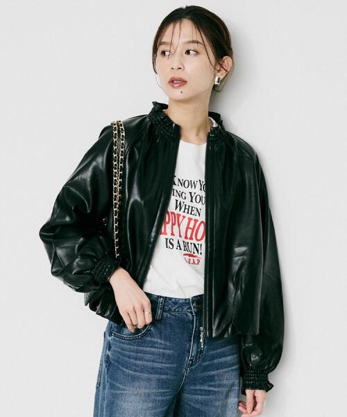 美品 MARILYN MOON ブルゾン 黒 ショート丈 春アウター セール】【MARILYN MOON】ソフトレザー調ブルゾン（ブルゾン