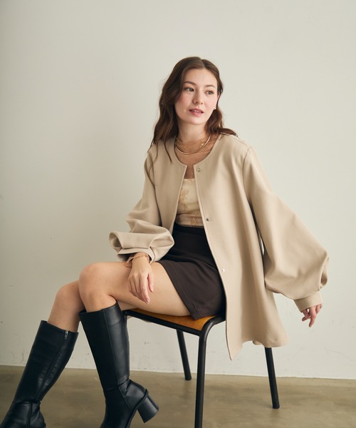 セール】ボリュームスリーブノーカラージャケット（ノーカラー