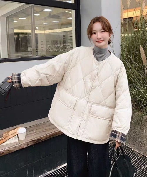 セール】袖チェック切り替え ビックポケットデザイン エコダウン