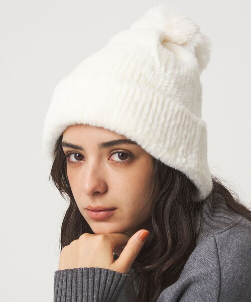 green label relaxing(グリーンレーベルリラクシング)の「ニットシャギー ポンポンキャップ / ニットキャップ(ニットキャップ/ビーニー・レディース・オフホワイト/ダークグレー/ブラック・FREE)」の2枚目の写真