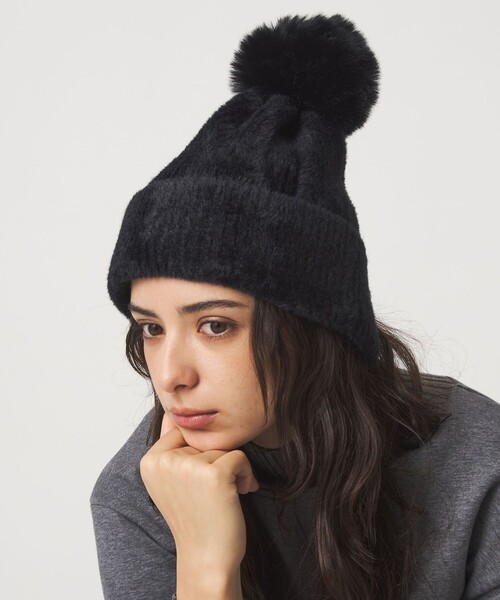 green label relaxing(グリーンレーベルリラクシング)の「ニットシャギー ポンポンキャップ / ニットキャップ(ニットキャップ/ビーニー・レディース・オフホワイト/ダークグレー/ブラック・FREE)」の4枚目の写真