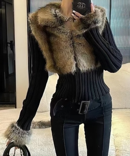 セール】【25秋冬新作】ふわふわファーニットジャケット／リブニット