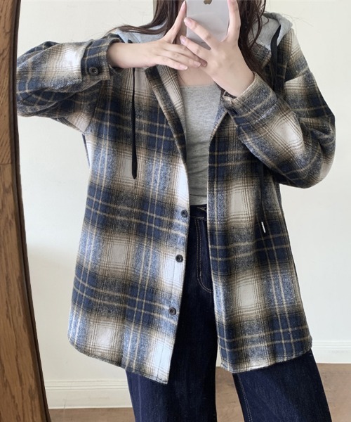 ONEP STAR(ワンピスター)の「フード付きチェック柄シャツ(シャツ/ブラウス・レディース・A/H/J/C/D/E/F/B/G/I・FREE)」の2枚目の写真