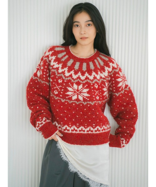 Ungrid（アングリッド）の「求心柄ルーズニット（ニット/セーター・レディース・ライトグレー/レッド/ブラック・FREE）」の3枚目の写真