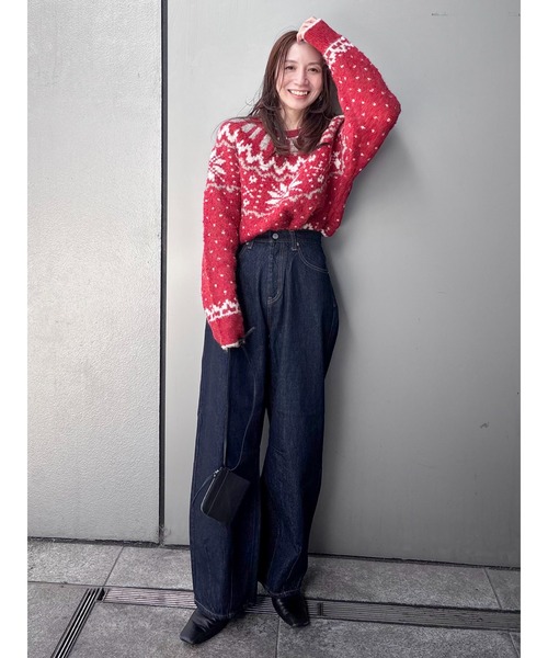 Ungrid（アングリッド）の「求心柄ルーズニット（ニット/セーター・レディース・ライトグレー/レッド/ブラック・FREE）」の4枚目の写真